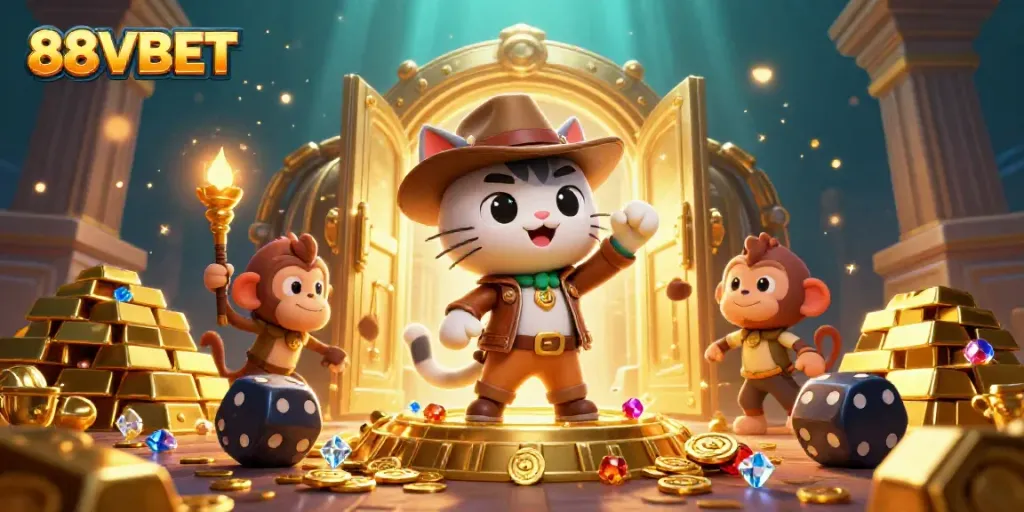 88VBET casino-themed adventure scene depicting a treasure discovery with a cat explorer and monkey companion.