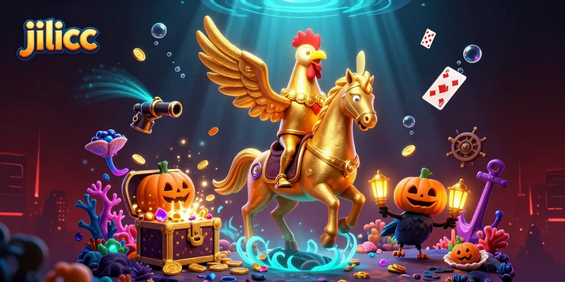 Engage with the thrilling atmosphere of jilicc featuring golden rooster, spectral horse and floating casino elements.