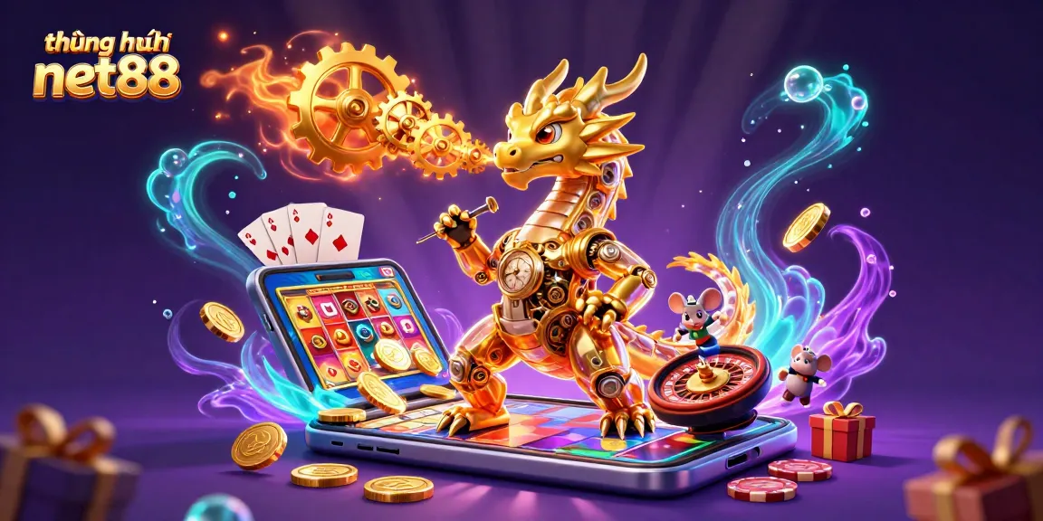 Experience thrilling gameplay with thương hiệu net88 and an epic 3D illustration of a golden dragon with gaming elements.