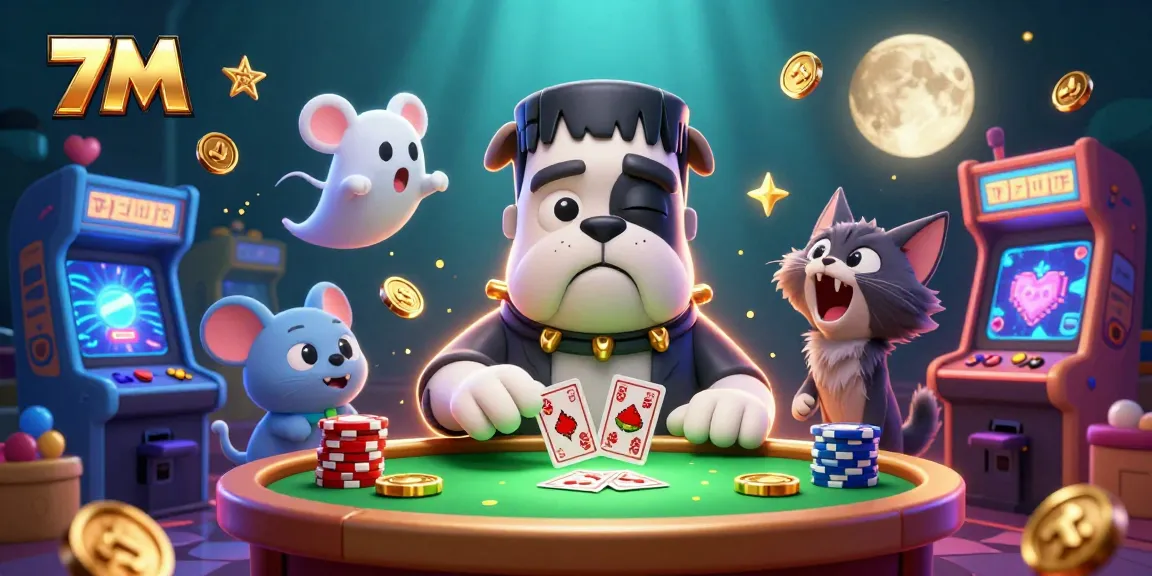 Engage in thrilling 7M casino gameplay with a dynamic illustration of unique characters and vibrant elements.