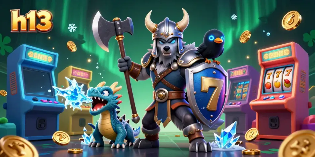 Engage with h13 gaming excitement featuring a Viking warrior, ice dragon, and casino elements in vivid 3D.