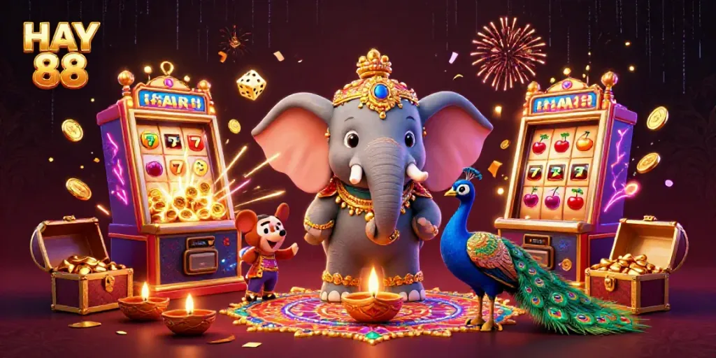Experience the vibrant excitement of HAY 88 with dazzling casino elements and a lively Diwali-themed scene.