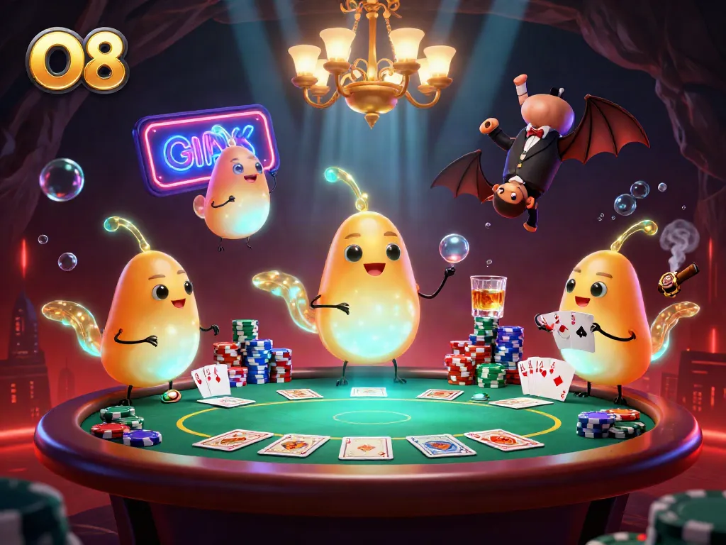 O8 players light up a vibrant casino scene with glowing characters and engaging poker gameplay.