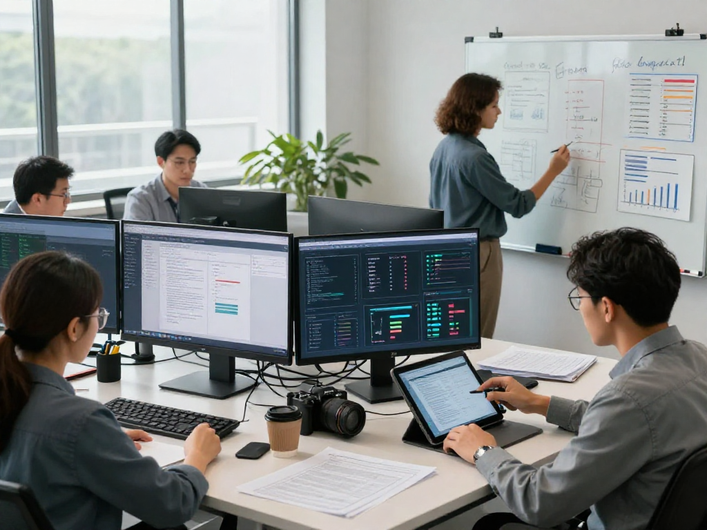 Document fraud detection team reviewing analytics in a modern office ecosystem, showcasing AI-powered results and collaboration.