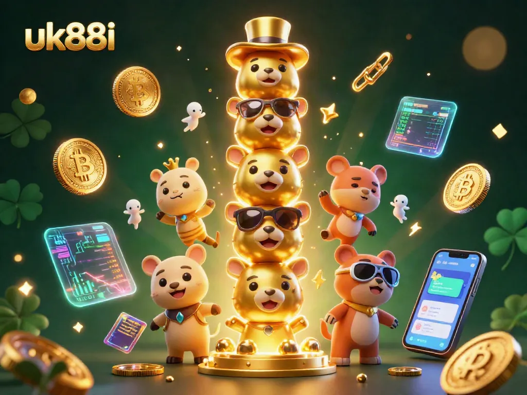 Engage with uk88i's vibrant casino essence through 3D illustrated characters and dynamic crypto elements.