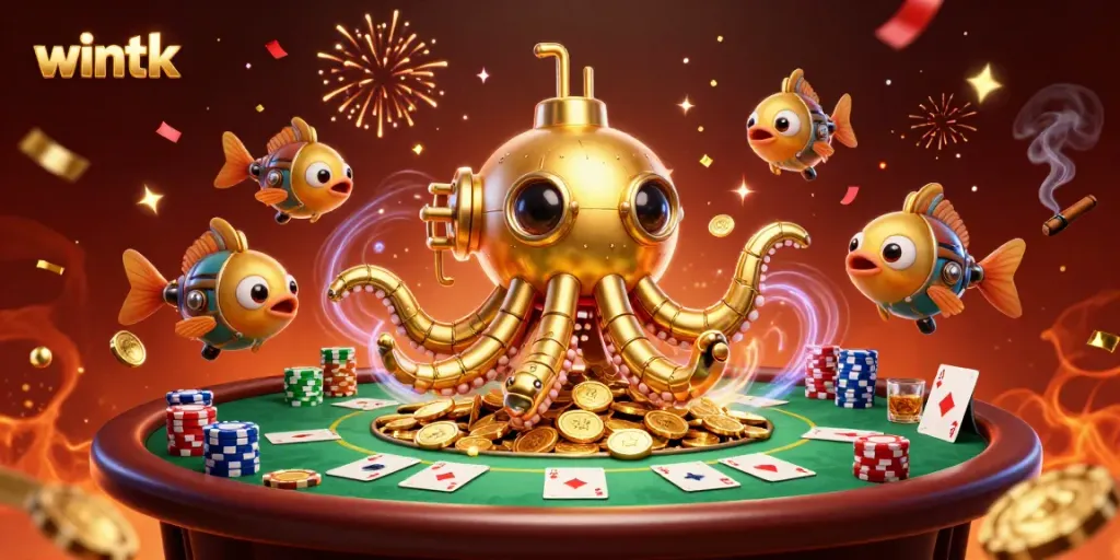 Engage in thrilling gameplay at Wintk Casino with the kraken-themed poker scene overflowing with gold.