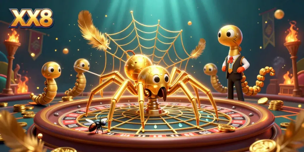 Engage in high-stakes gambling with the animated XX8 spider spinning a roulette wheel and betting fly.