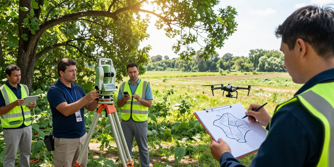 Land surveyors near me conducting a topographical survey outdoors with advanced equipment.