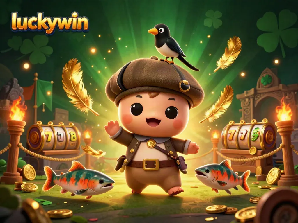Experience the thrill at Luckywin with playful Nessie, a magpie, and vibrant casino elements.