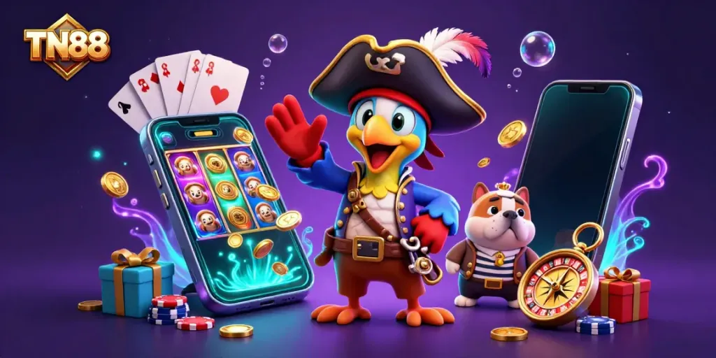 Engaging TN88-themed gambling scene featuring a pirate captain and friends surrounded by vibrant casino elements.