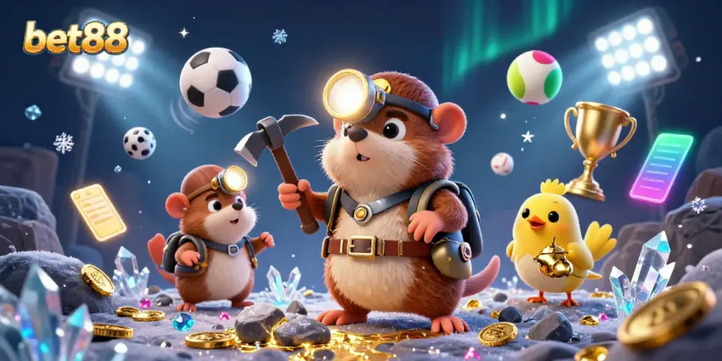 Bet88 features a treasure hunter mole and canary in a vibrant 3D casino scene with sports elements.