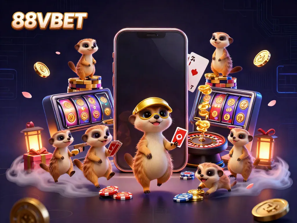 88VBET meerkats managing a lively casino, showcasing vibrant slot games and playful chips.