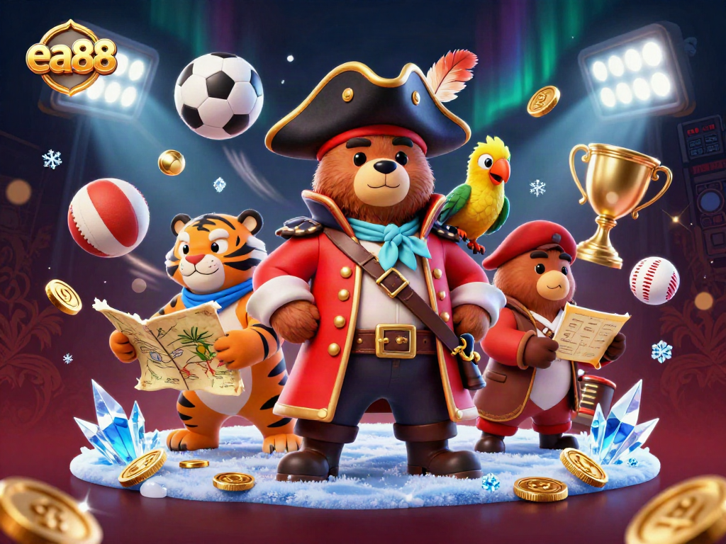 ea88 sports betting excitement features a pirate bear, tiger, and parrot with dynamic elements.