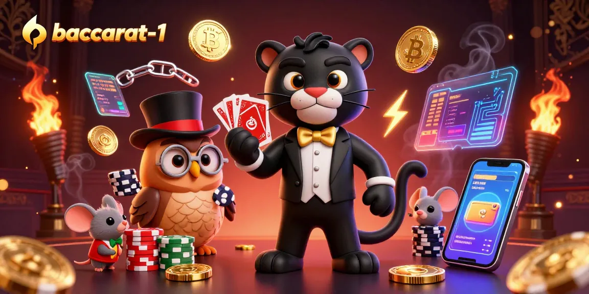 Engage in baccarat-1 action with a stylish tuxedo panther dealing cards amid dazzling casino elements.