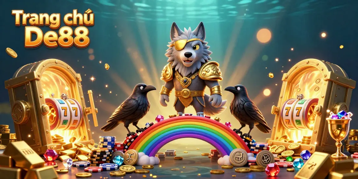 Experience the vibrant excitement of Trang chủ De88 with an epic casino-themed illustration featuring Odin and mystical elements.