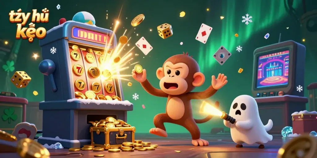 Engaging and dynamic casino scene showcasing tỷ lệ kèo with a poltergeist monkey juggling gold while a puppy tracks it in intrigue.