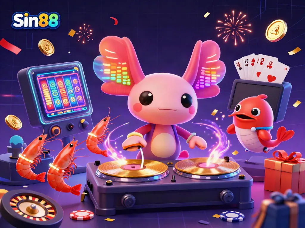Experience the vibrant Sin88 gaming scene with a neon DJ, dancing sea creatures, and captivating slot games.