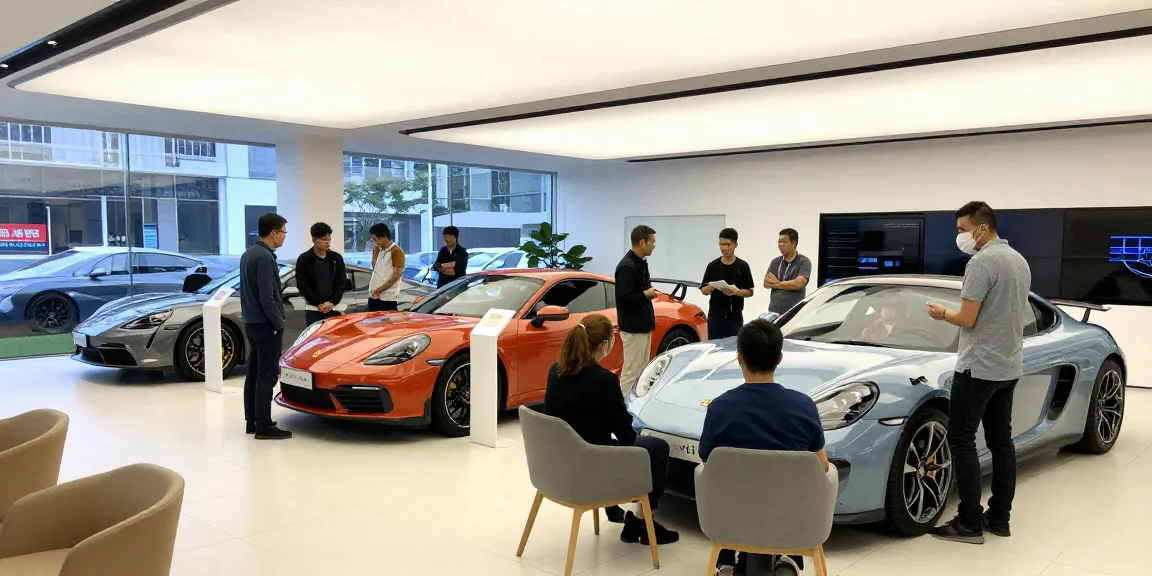 Enthusiasts discussing desirable car summaries in a modern automotive showroom.