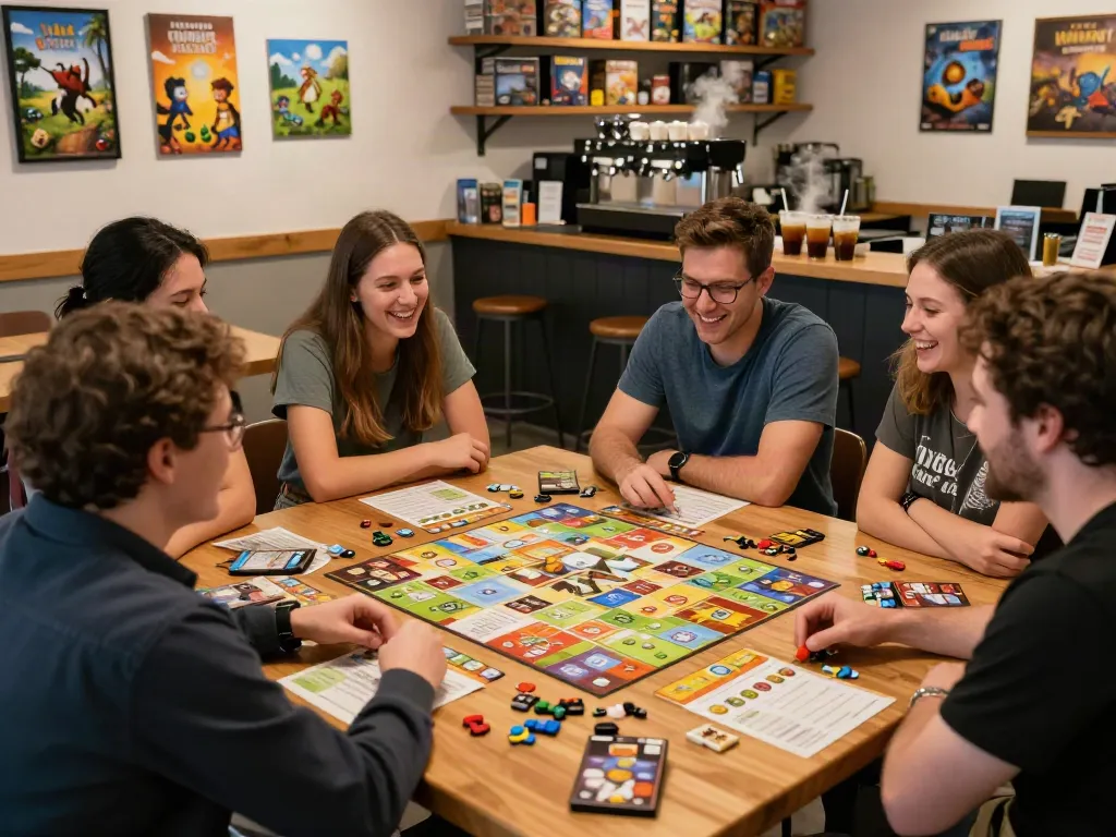 Engaging board game scene at MeepleHaus with friends playing together.