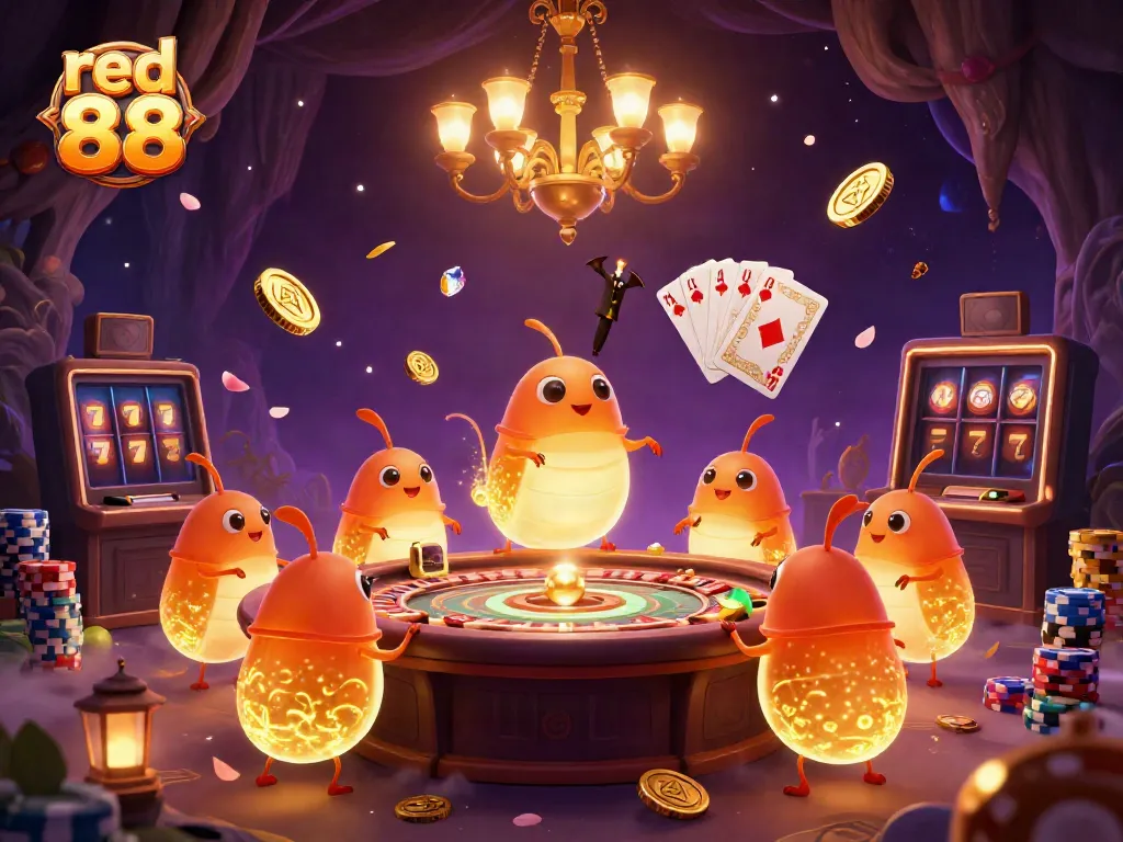 Experience the excitement at red 88, where glowworms brighten a vibrant casino scene with rich colors and dynamic gaming elements.