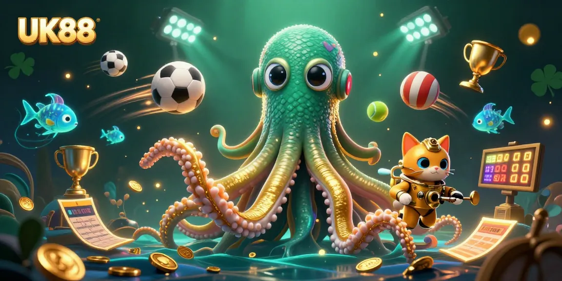 Win big with UK88 at an exciting casino featuring a kraken, diving cat, and vibrant sports elements.