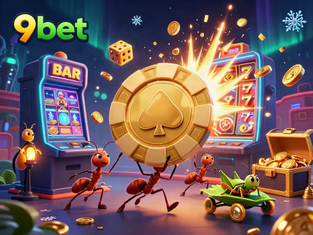 Experience the excitement of 9bet with cartoon ants heisting a giant poker chip amidst a vivid casino backdrop.
