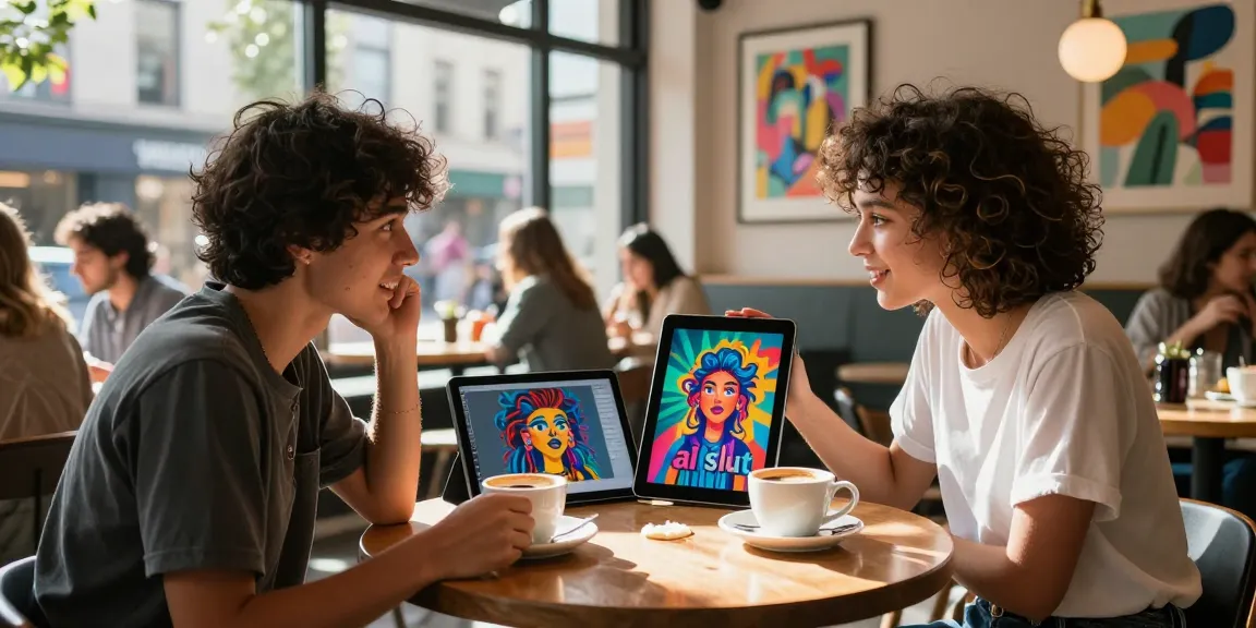 Two friends discussing AI art at a café, showing vibrant "ai slut" works.