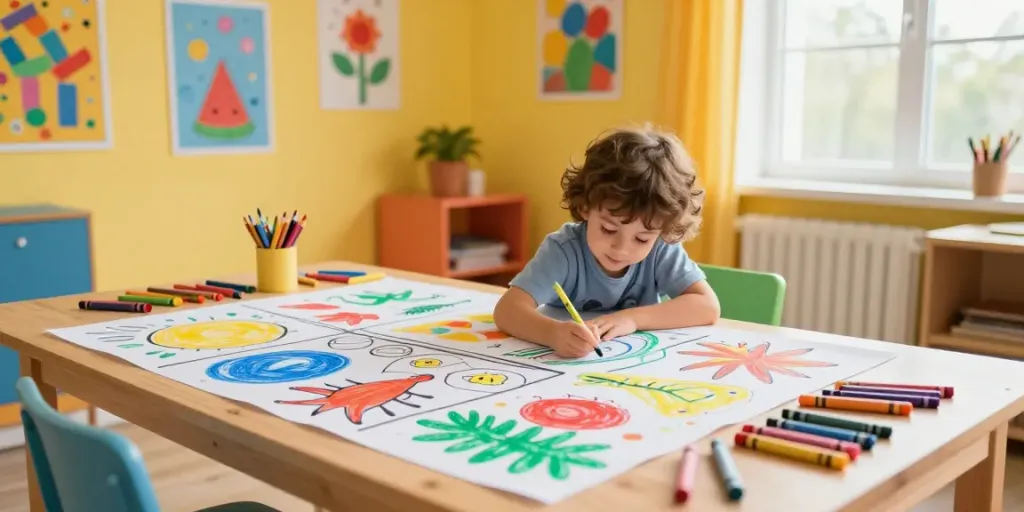 Child coloring in creative space with freecoloringsheets.net materials, bright atmosphere.