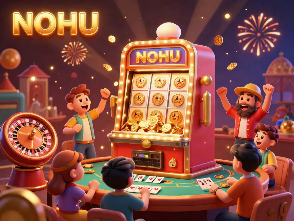 Celebrate wins at NOHU with vibrant gaming action and lively carnival atmosphere amidst dazzling lights.
