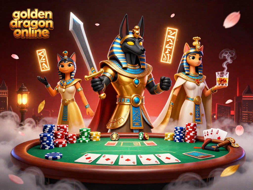Experience golden dragon online with a vibrant scene featuring Anubis and Bastet in a thrilling poker ambiance.