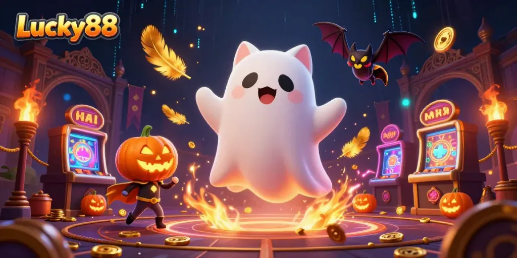 Engage with Lucky88's vibrant and dynamic casino scene featuring a ghost cat, golden coins, and glowing elements.