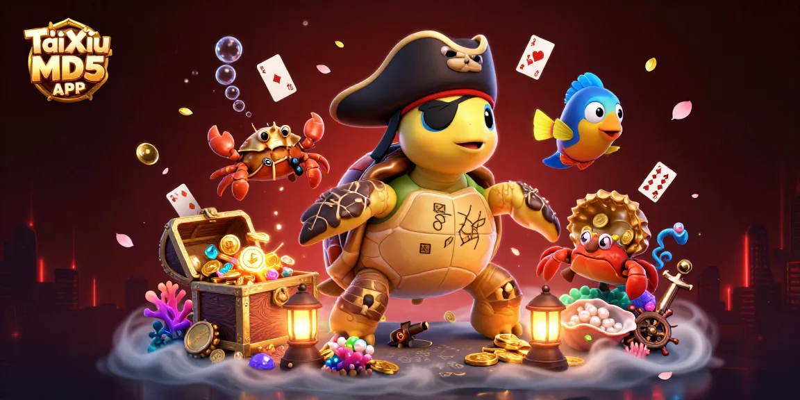 Tài Xỉu MD5 APP showcases a vibrant scene of a cartoon pirate turtle and friends amidst underwater treasures, emphasizing immersive gaming fun.