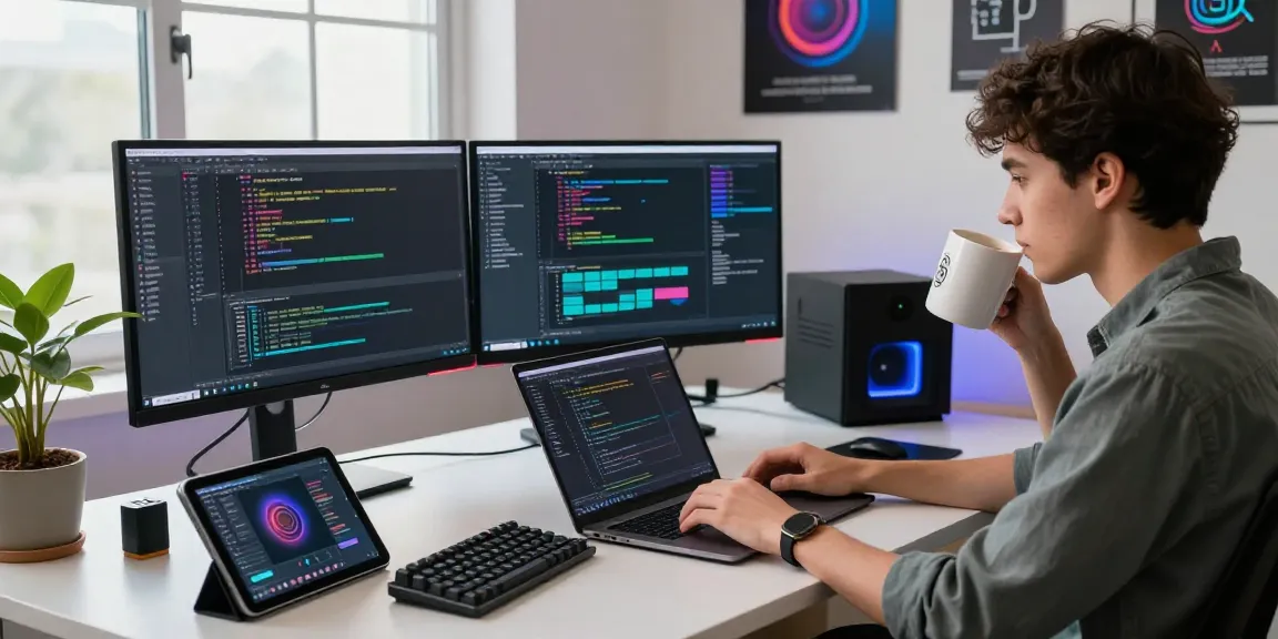 开发者在现代化的工作空间中使用QuickQ VPN，周围有多个屏幕和科技小工具，炫目的LED灯光，以及充满活力的创造性氛围。
