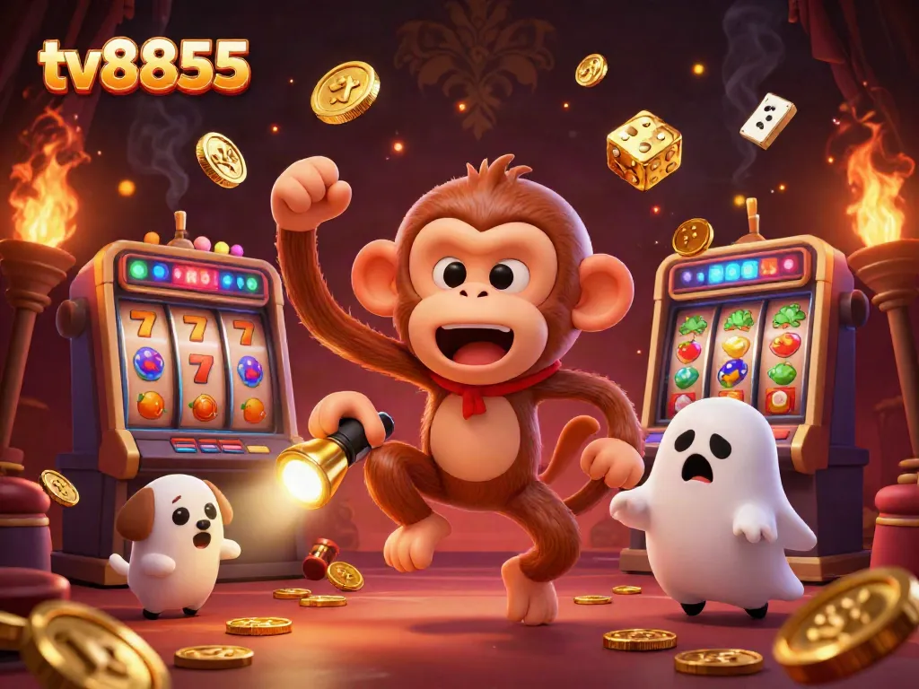 Experience the thrill at tv8855 with a magical monkey juggling golden casino elements.