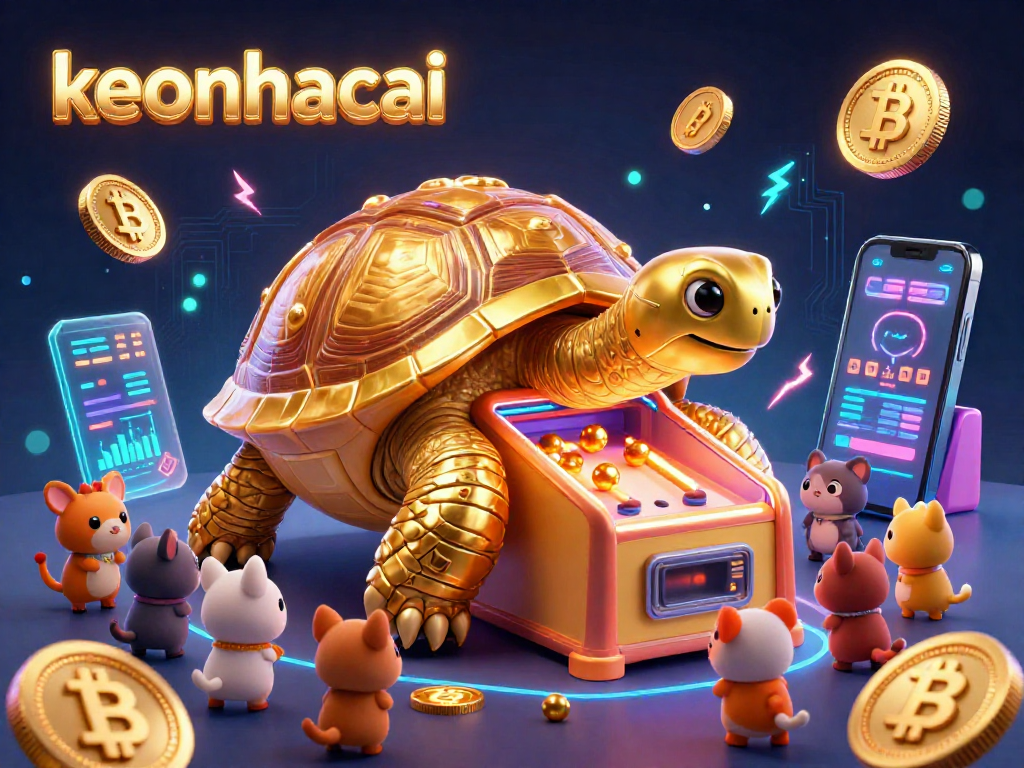 Engage with keonhacai's thrilling crypto casino, showcasing a lively tortoise pinball machine surrounded by vibrant gambling elements.