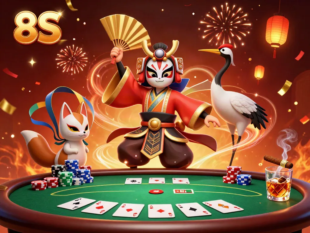 Engage in 8S table action with kabuki warrior and kitsune amidst colorful poker chips.