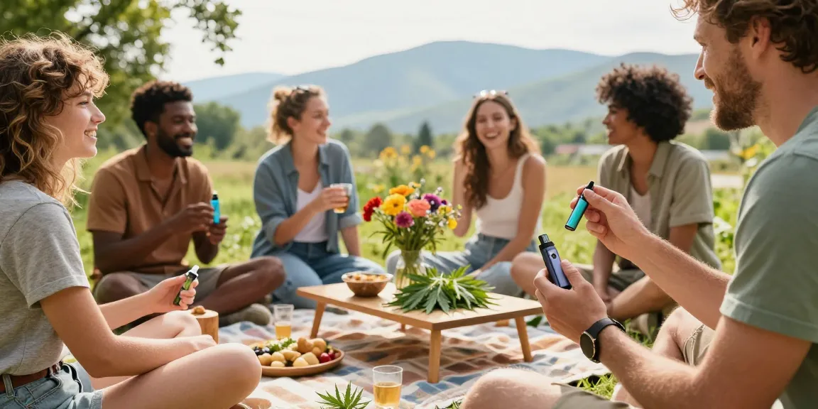 Experience thc vape uk amid nature's beauty, with friends enjoying organic snacks and wellness in a vibrant outdoor setting.