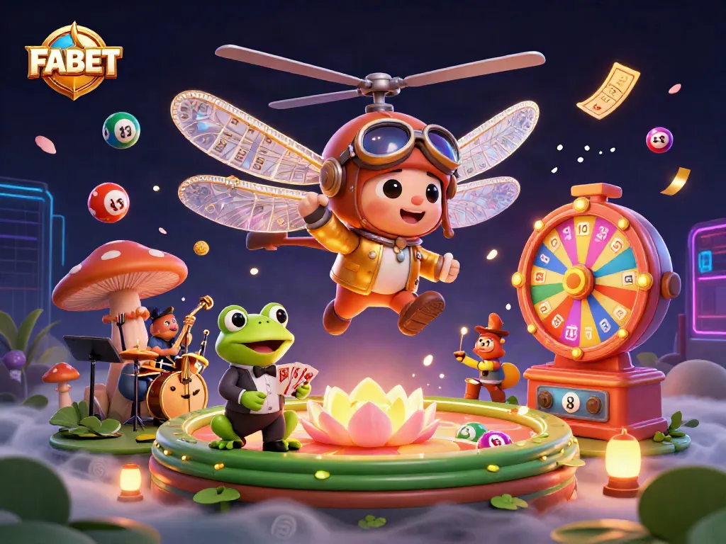 Experience FABET's vibrant casino world with a lively dragonfly pilot and frog dealer in action.