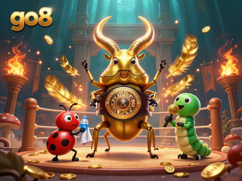 Experience thrilling gaming at go8 with an epic battle scene featuring a champion beetle and casino elements.