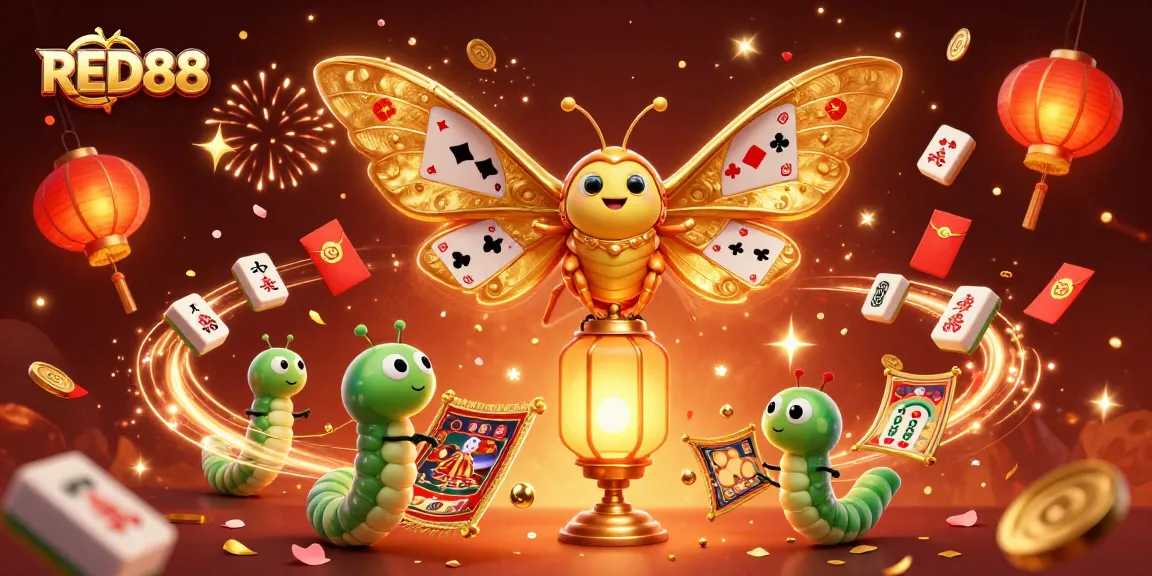 Experience the excitement of RED88 casino games with vibrant 3D elements around a golden moth.