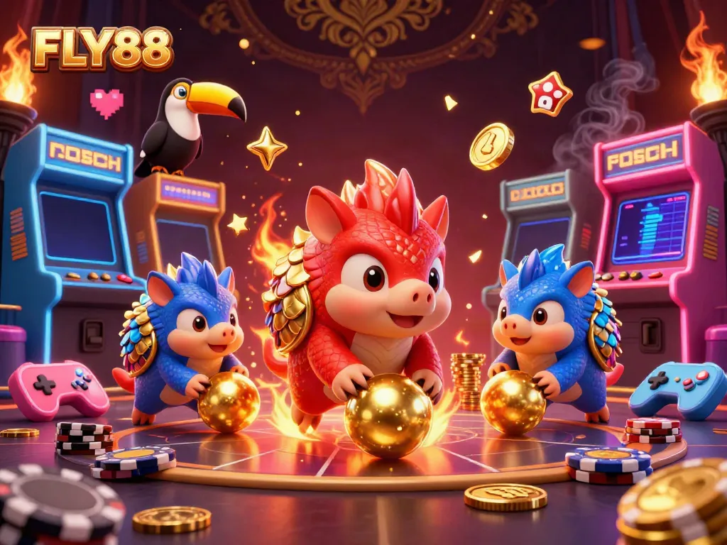 FLY88 rivals compete in a colorful casino scene with glowing arcade machines and poker chips.