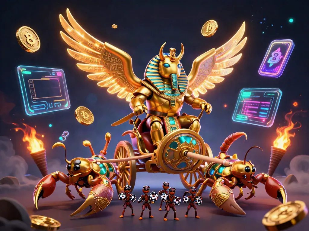 Engage with 8s casino adventures, showcasing a golden scarab beetle chariot with scorpion partners amid crypto symbols.
