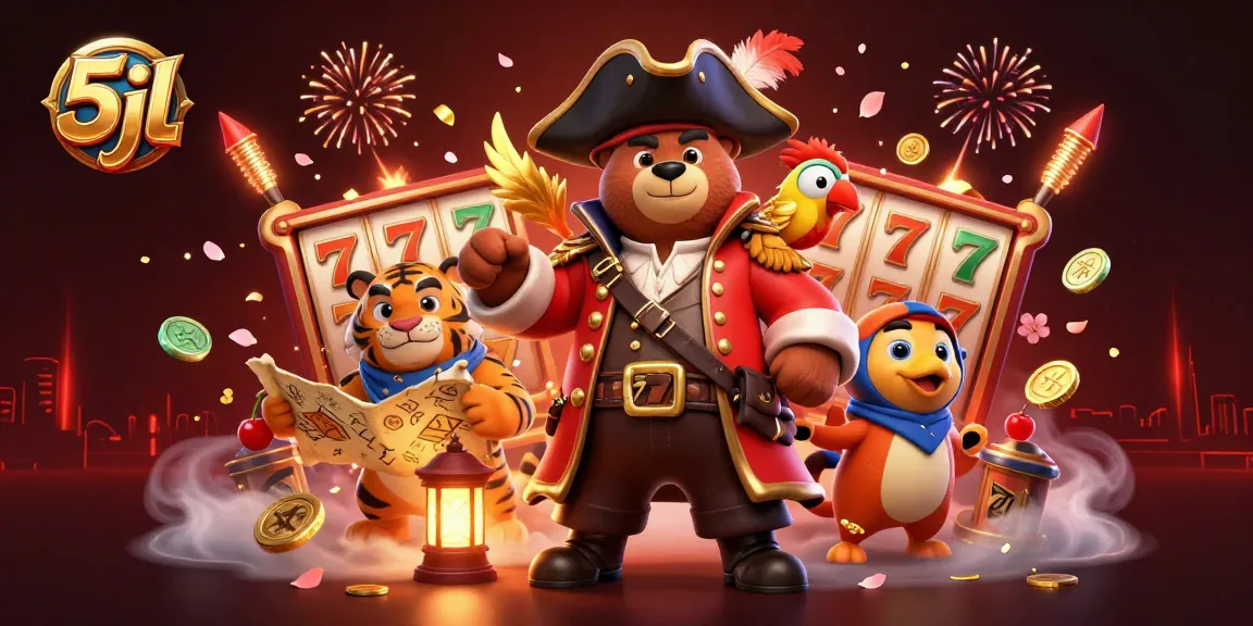 Join the excitement of 5jl with a dynamic pirate-themed casino scene featuring slot reels and vibrant visuals.