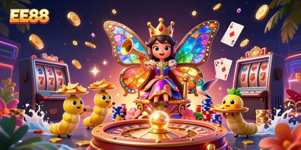 Experience thrilling games at EE88 with a vibrant 3D illustration showcasing casino excitement.