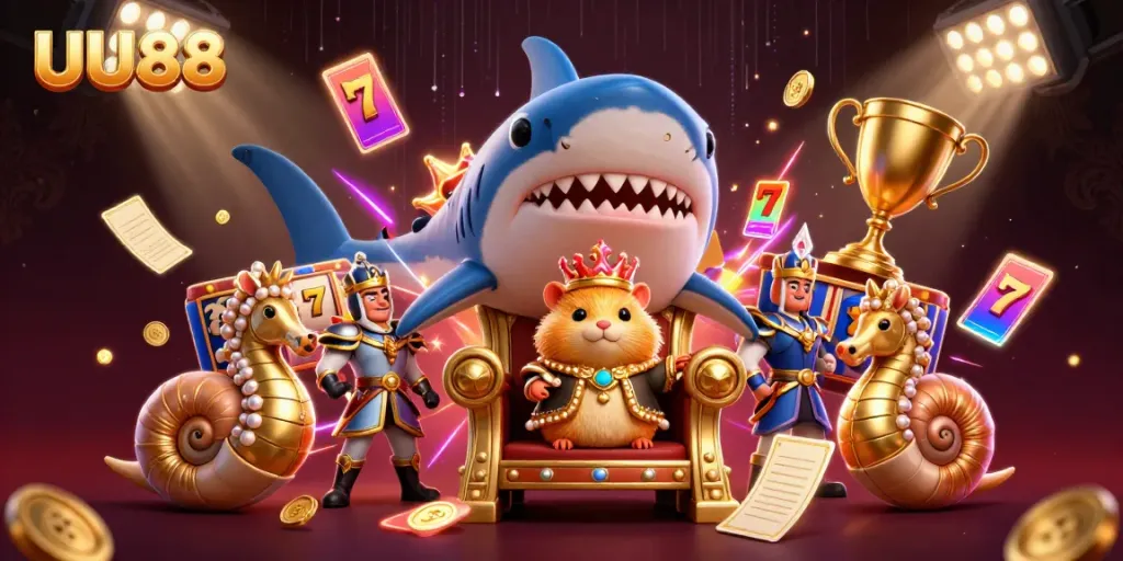Join the golden hamster king on his megalodon throne at UU88's epic casino adventure.