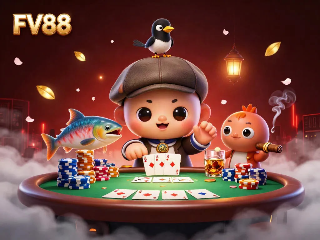 Experience thrilling gameplay at FV88 with 3D cartoon characters engaging in poker and casino excitement.