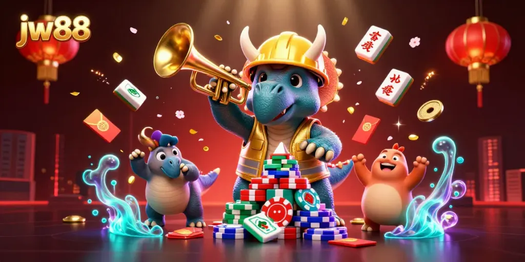 Celebrate wins with jw88 in a vibrant 3D casino illustration packed with action and festive elements.