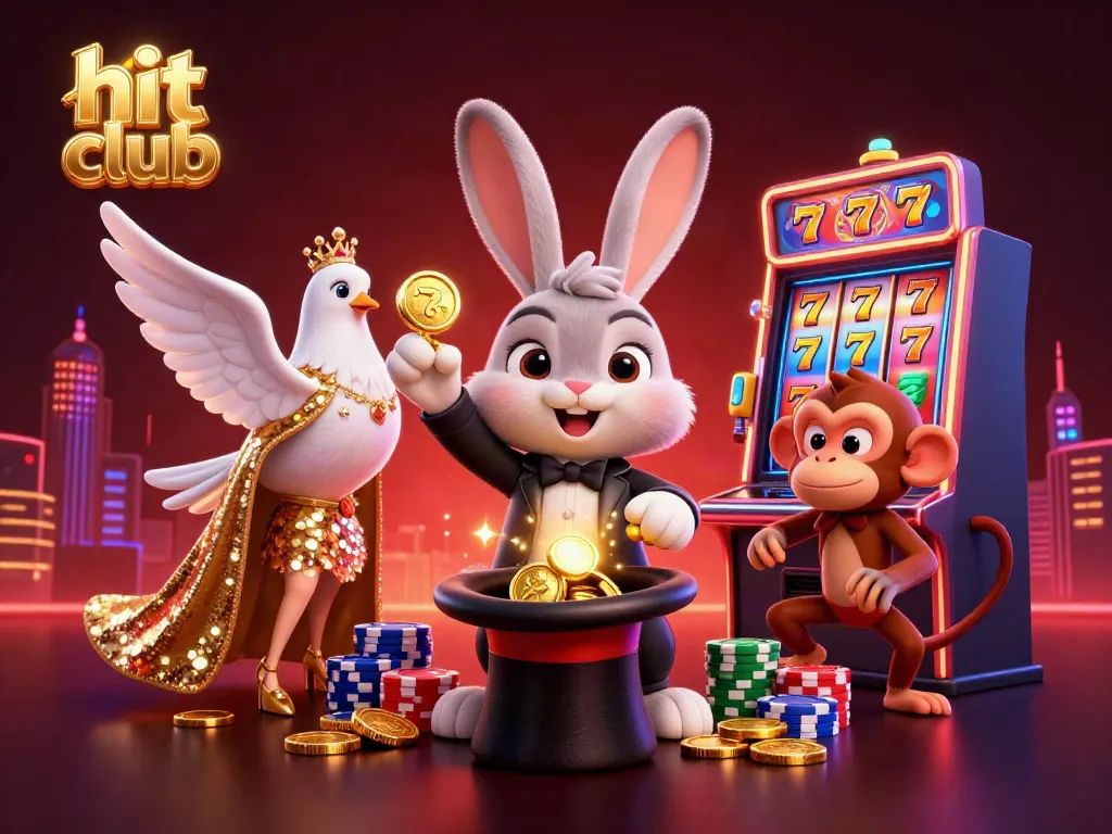 Spin and win at hit club with a magical casino scene featuring a rabbit, dove, and monkey.