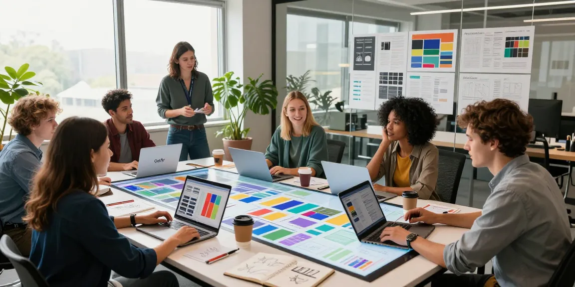 Team collaborating on the google mixboard in a vibrant workspace with moodboards and templates