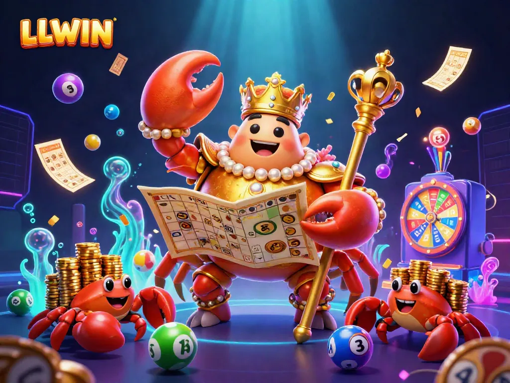 LLWIN showcases a vibrant illustration of a golden crab emperor surrounded by dynamic lottery and casino elements, enhancing the gaming atmosphere.